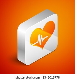 Isometric Heart rate icon isolated on orange background. Heartbeat sign. Heart pulse icon. Cardiogram icon. Silver square button. Vector Illustration