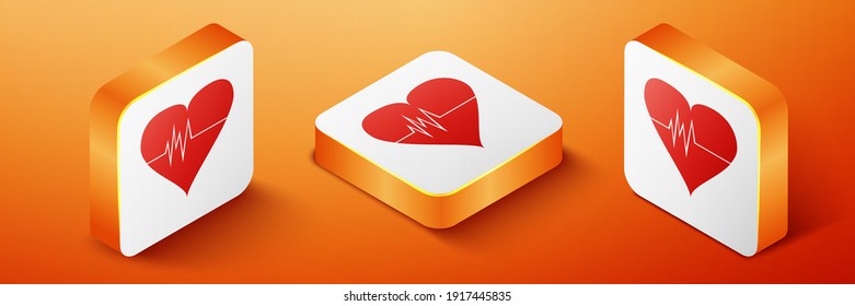 Isometric Heart rate icon isolated on orange background. Heartbeat sign. Heart pulse icon. Cardiogram icon. Orange square button. Vector.