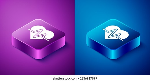 Isometric Heart rate icon aislado en fondo azul y púrpura. Signo de latido. Icono de pulso cardíaco. Icono de cardiograma. Botón cuadrado. Vector