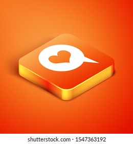 Isometric Heart in speech bubble icon isolated on orange background. Heart shape in message bubble. Love sign. Valentines day symbol.  Vector Illustration