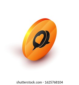 Isometric Heart in speech bubble icon isolated on white background. Orange circle button. Vector Illustration