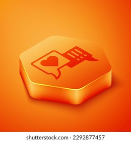 Isometric Heart in speech bubble icon isolated on orange background. Orange hexagon button. Vector