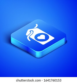 Isometric Heart tag icon isolated on blue background. Love symbol. Valentine day symbol. Blue square button. Vector Illustration