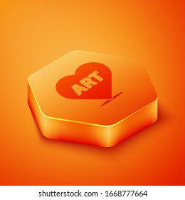 Isometric Heart with text art icon isolated on orange background. Orange hexagon button. Vector Illustration