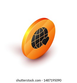 Isometric The heart world - love icon isolated on white background. Orange circle button. Vector Illustration