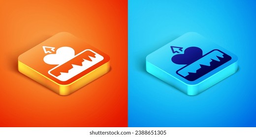Isometric Heartbeat increase icon isolated on orange and blue background. Increased heart rate.  Vector