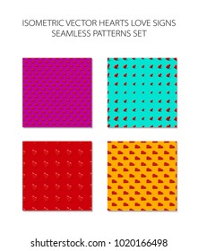 Isometric hearts seamless pattern set vector pink blue red orange background
