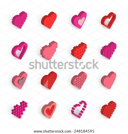 Isometric hearts vector icons set. Valentines Day wedding love icons. 