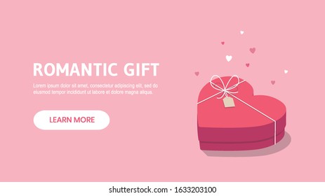 Isometric heart-shaped gift box on pink background. Romantic gift illustration for Valentine's day. - Vector
