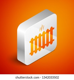 Isometric Heating radiator icon isolated on orange background. Silver square button. Vector Illustration