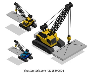 Isometric Heavy crane for moving heavy loads on construction site. Industrial machinery and equipment. Realistic 3D Vector Isolated on white back