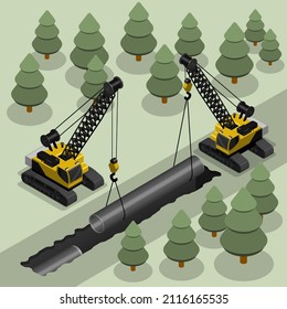 Grúa pesada isométrica para mover cargas pesadas colocando un gasoducto en la trinchera. Máquinas y equipos industriales. Vector 3D realista aislado en espalda blanca
