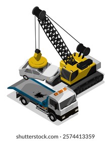 Isometric heavy crane scrap unloads car damaged in auto accident from tow truck at car dump. Special heavy loading equipment. Aerial view 3D vector isolated on white background