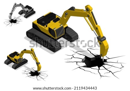 Isometric Heavy tractor machine for construction with demolition jackhammer. Industrial machinery and equipment. Realistic 3D Vector Isolated on white back