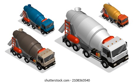 Isometric Heavy truck with container for transporting concrete to construction sites. Industrial machinery and equipment. Realistic 3D vector isolated on white background