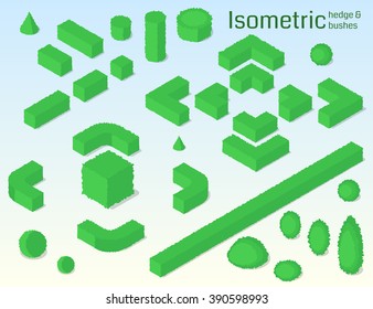 Isometric Hedge And Bushes Set. Vector Illustration