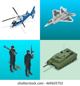 Isometric helicopter, aircraft, tank, soldiers. Military vehicle. Flat 3d isometric illustration. For infographics and design 