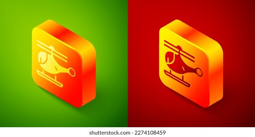 Isometric Helicopter aircraft vehicle icon isolated on green and red background. Square button. Vector