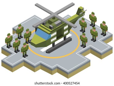 Isometric helicopter with militery force. Vector illustration