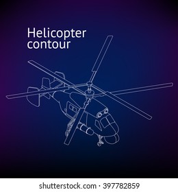 Isometric Helicopter vector outline illustration. Helicopter contour. Isometric linear rotorcraft.