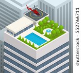Isometric Helipad on the green roof of a skyscraper and helicopter. View of eco-roof on modern buildings and other residential buildings in City. 
