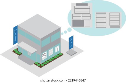 Isometric Hello Work appearance and documents.
translation：hello work, minimum wage, yen