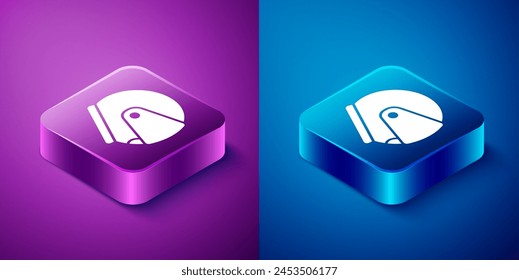 Isometric Helmet icon isolated on blue and purple background. Extreme sport. Sport equipment. Square button. Vector Illustration