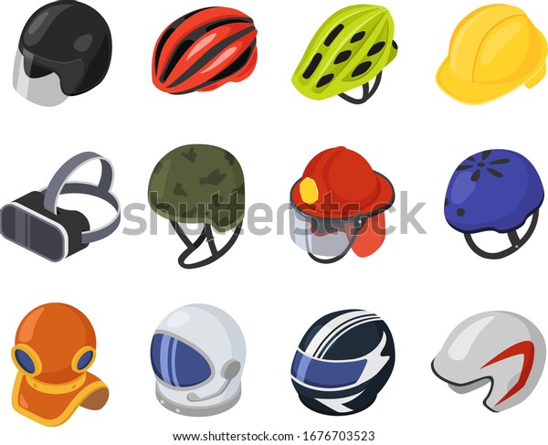 アイソメヘルメットのベクターイラスト Cartoon 3dの安全なハードハット バイカー用頭部保護 バイク の運転手 ビルエンジニアの作業員 バーチャルリアリティ用のvrヘルメット 白い背景に のベクター画像素材 ロイヤリティフリー