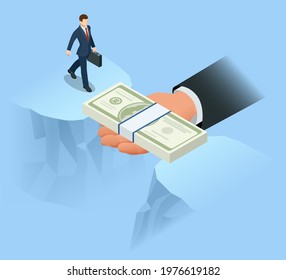 Isometric helping hand with dollar bill bridging economy gap assisting business people to overcome financial difficulties. Finance insurance, financial stability