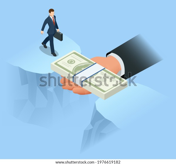 Isometric helping hand\
with dollar bill bridging economy gap assisting business people to\
overcome financial difficulties. Finance insurance, financial\
stability