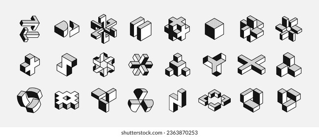 Isometric hexagon, star, arrow, cubic, and abstract logos set. Optical illusion. Retro 3D icons set with black and white polka dots. Vector shapes for halftone label, crypto company, vintage posters.