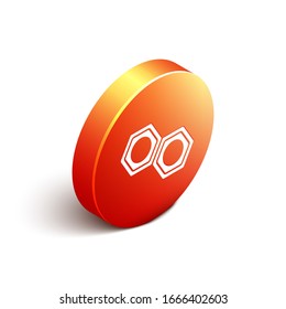 Isometric Hexagonal metal nut icon isolated on white background. Orange circle button. Vector Illustration