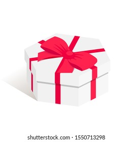 Isometric hexagonal shaped gift box. Surprise white present box with red ribbon bow isolated on white background. New year, anniwersary, birthday delight 3d symbol. Vector illustration