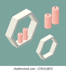 

Isometric hexagonal shelfs with candles. Subject for living room, bedroom, home and home library. Design element.