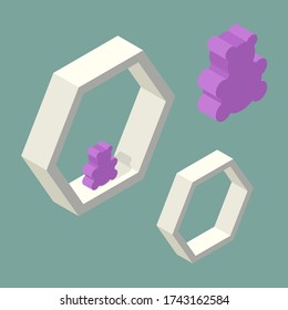 Isometric hexagonal shelfs with toy bear. Subject for living room, bedroom, home and home library. Design element.