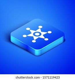 Isometric Hexagram sheriff icon isolated on blue background. Police badge icon. Blue square button. Vector Illustration