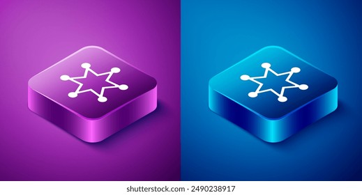 Isometric Hexagram sheriff icon isolated on blue and purple background. Police badge icon. Square button. Vector