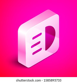 Isometric High beam icon isolated on pink background. Car headlight. Silver square button. Vector Illustration