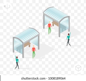 Isometric High Quality City Element with 45 Degrees Shadows on Transparent Background . Bus Stop