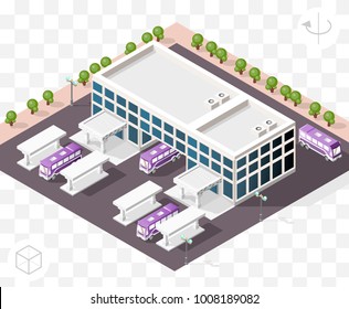 Isometric High Quality City Element With 45 Degrees Shadows On Transparent Background . Bus Station