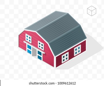 Isometric High Quality City Element with 45 Degrees Shadows on Transparent Background . Barn