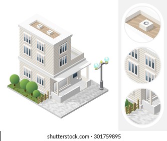  Isometric High Quality City Element with 45 Degrees Shadows on White Background. Residential