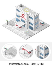 Isometric High Quality City Element with 45 Degrees Shadows on White Background. Hospital