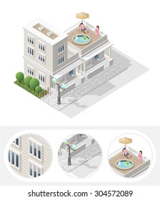 Isometric High Quality City Element with 45 Degrees Shadows on White Background. Residential