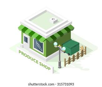 Isometric High Quality City Element with 45 Degrees Shadows on White Background. Produce Shop