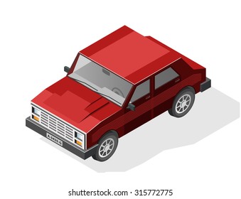 Isometric High Quality City Element with 45 Degrees Shadows on White Background. Red Car