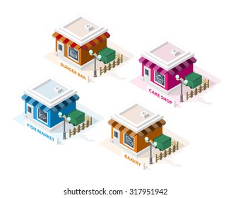 Isometric High Quality City Element with 45 Degrees Shadows on White Background. Burger bar , Cake Shop , Fish Market  and Bakery