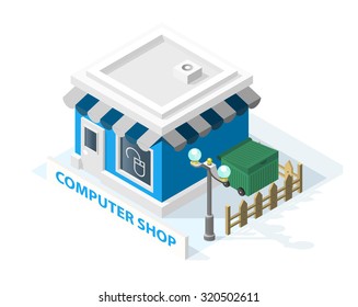 Isometric High Quality City Element with 45 Degrees Shadows on White Background. Computer Shop