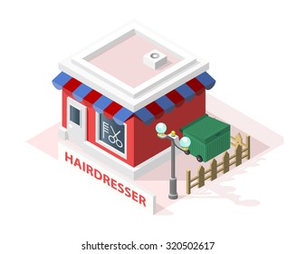 Isometric High Quality City Element with 45 Degrees Shadows on White Background. Hairdresser