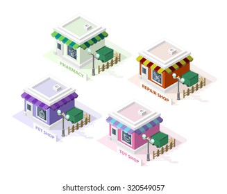Isometric High Quality City Element with 45 Degrees Shadows on White Background. Pharmacy , Pet Shop , Toy Shop and Repair Shop.